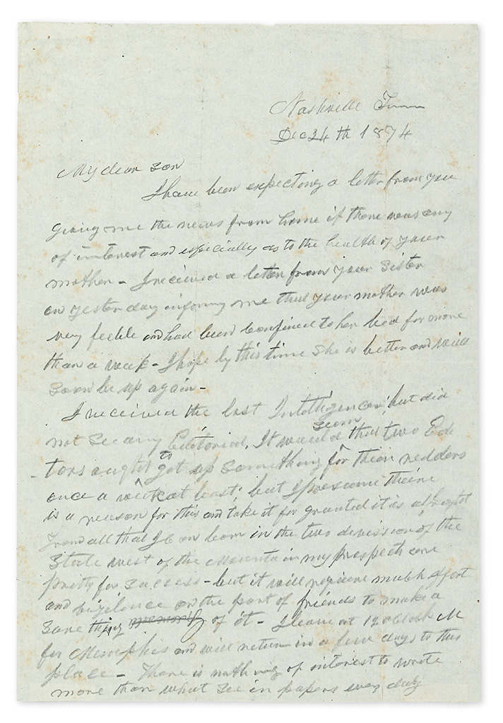 JOHNSON, ANDREW. Autograph Letter Signed, to his son Andrew Johnson, Jr., (My dear son), in pencil,